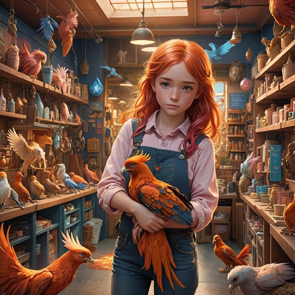 Phoenix Girl Cuddles Phoenix: Matte Painting Fantasy