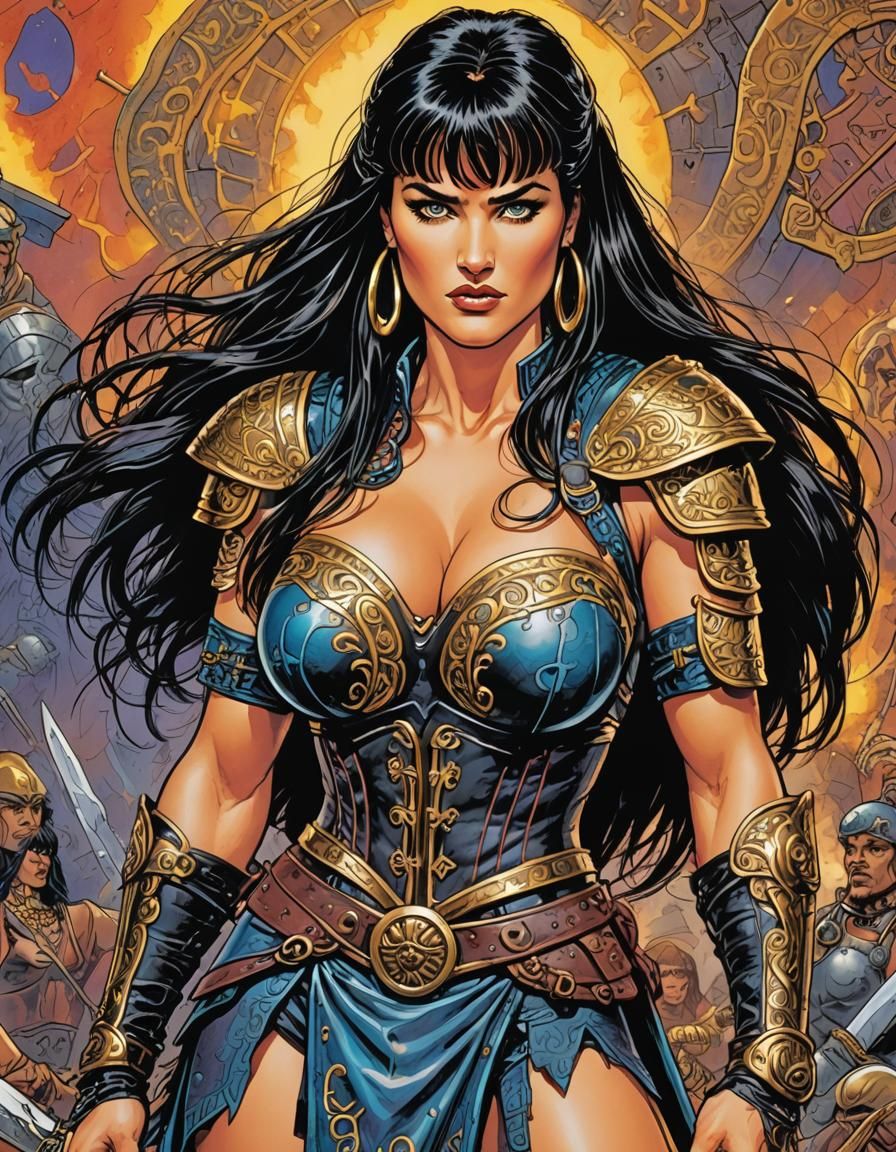 Xena, Warrior Princess .comic book art, perfect, smooth. The art of painting in the style of comics. Extraordinarily lar...