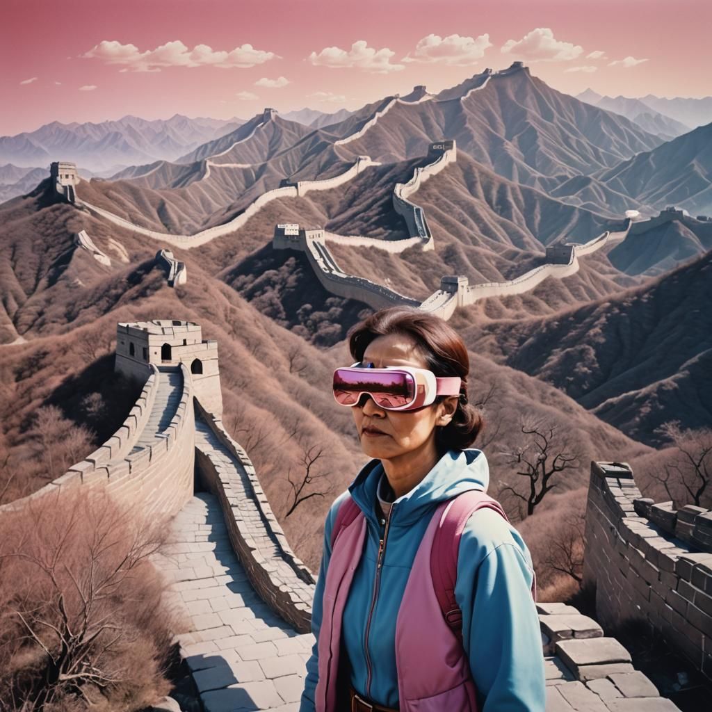 VR Tourist Visits Great Wall: Risograph Print
