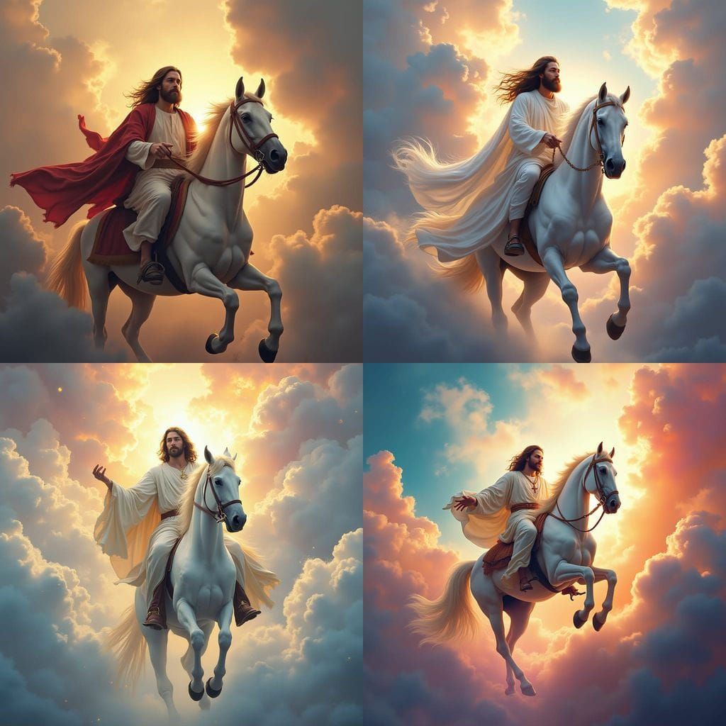 Jesus on White Horse Descending from Clouds