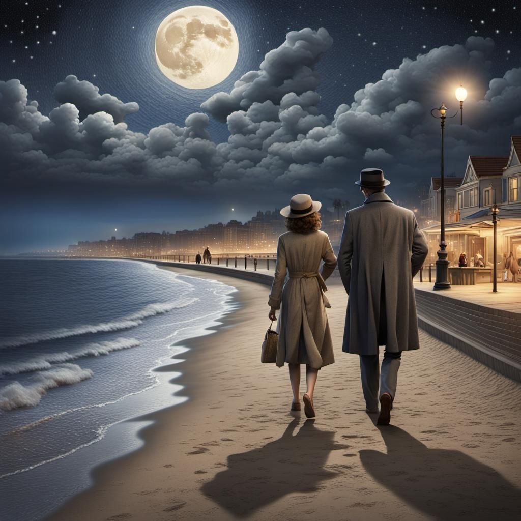 Detective Pursues Suspect on Starry Beach Promenade