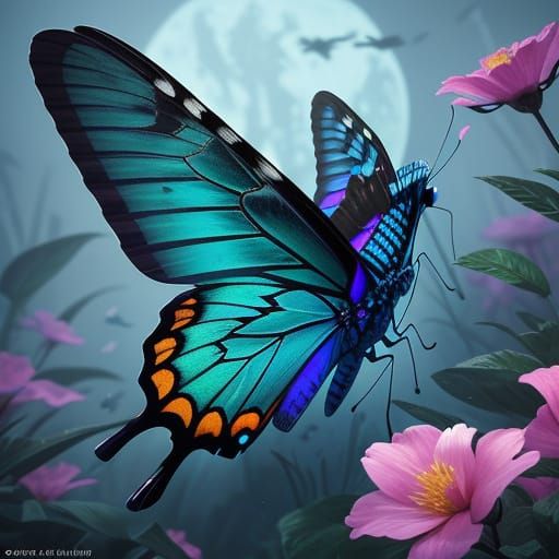 Intricate Butterfly Perched on a Vibrant Flower in a Fantast...