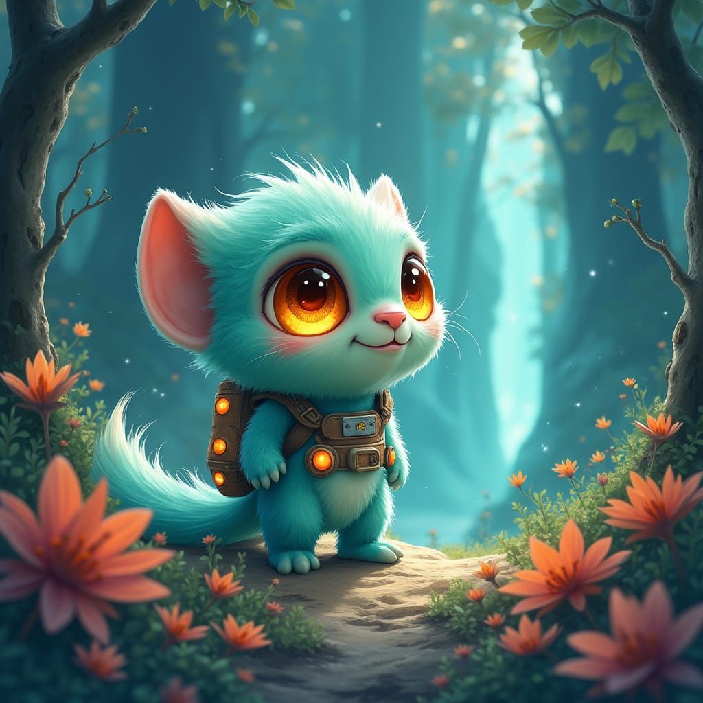 Turquoise Alien Explores Bioluminescent Jungle Illustration