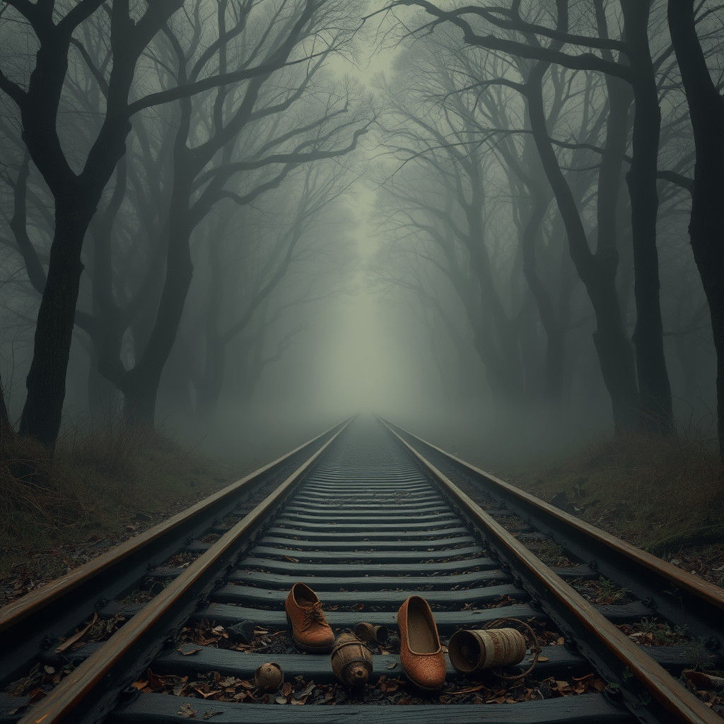 Eerie Train Tracks in Misty Forest, Surrealist Style