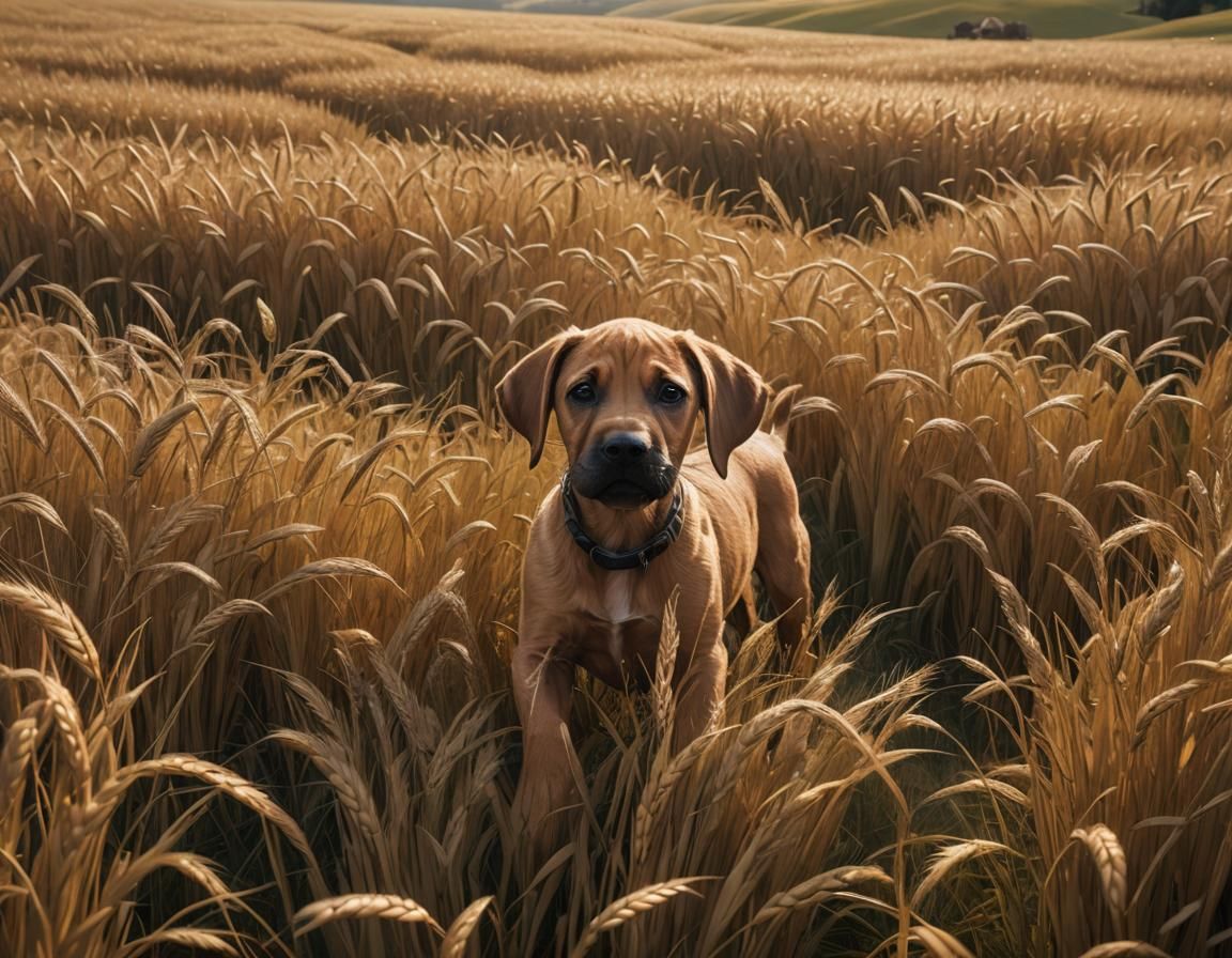 Ridgeback Puppy Frolics in Golden Barley Field