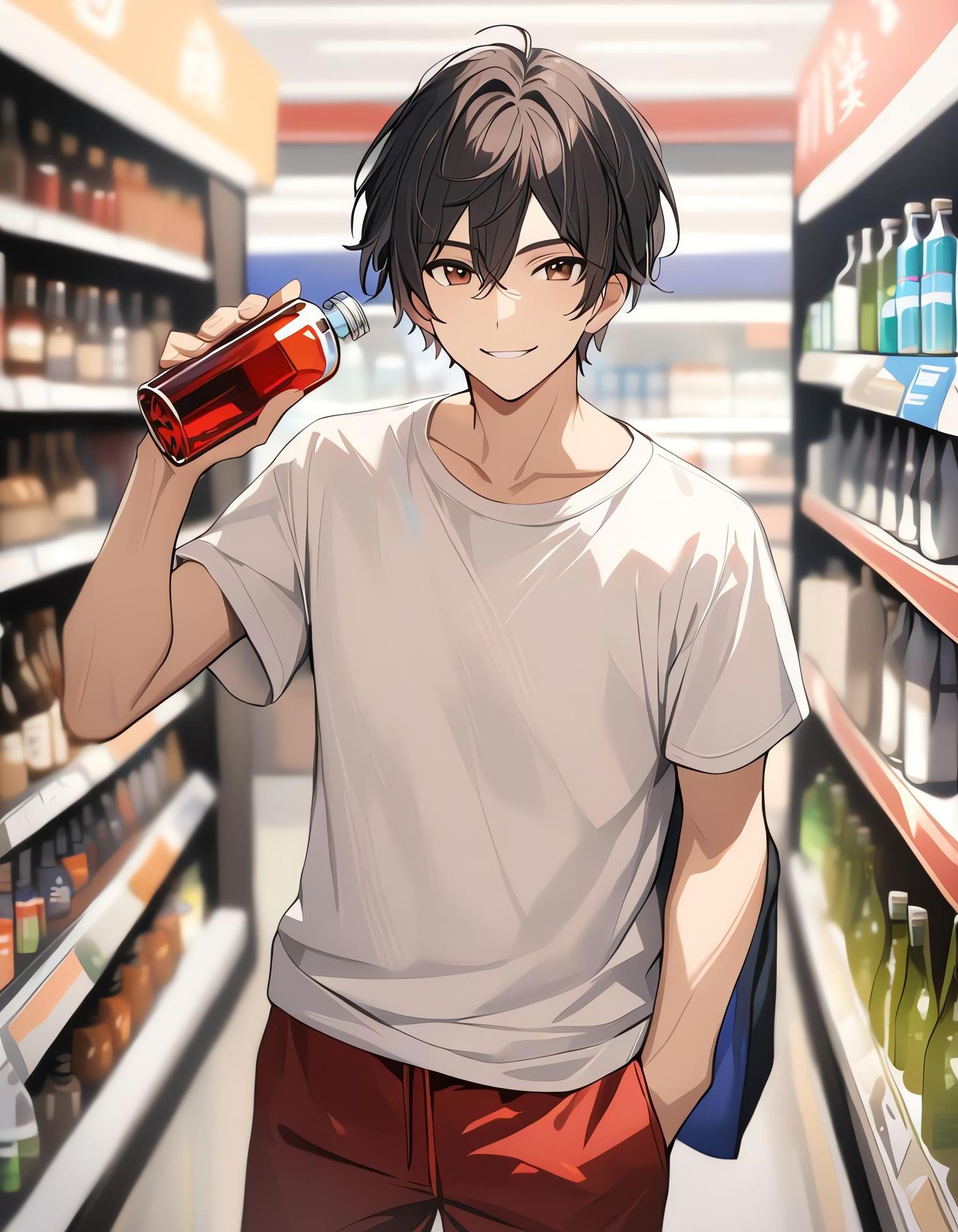 Boy in Convenience Store with Glass Bottle