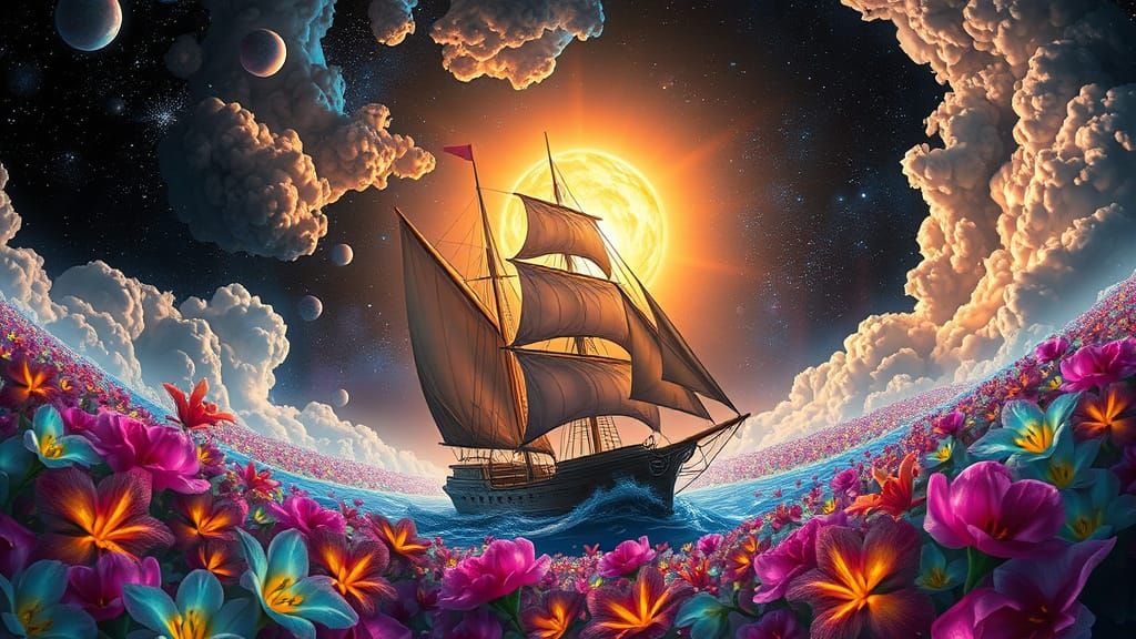 Nebula Schooner with Bioluminescent Flowers in Hyperrealism