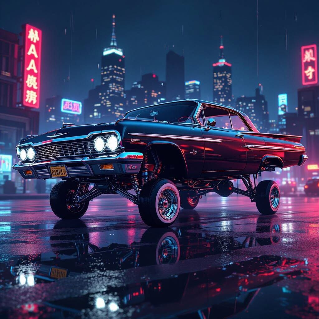 Custom Impala Lowrider in Futuristic Cityscape