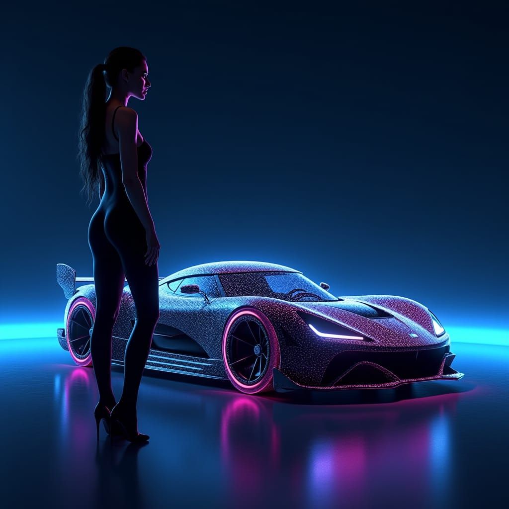 Neon Hypercar with Raven-Haired Beauty in Futuristic Style