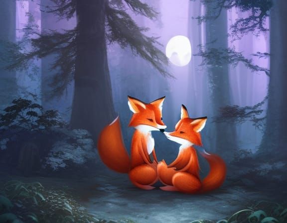Chibi Foxes Kissing in Moonlit Forest, Matte Painting