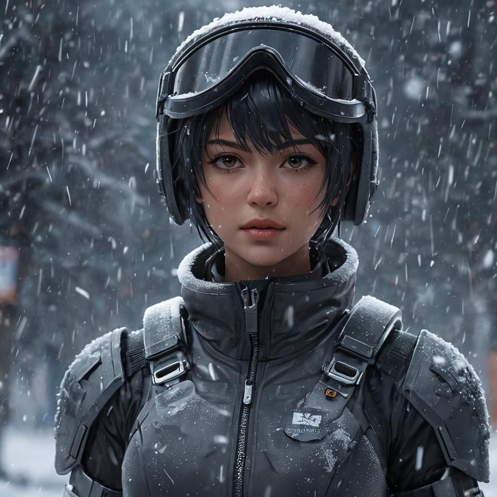 Scifi Soldier Anime Girl in a snow storm...