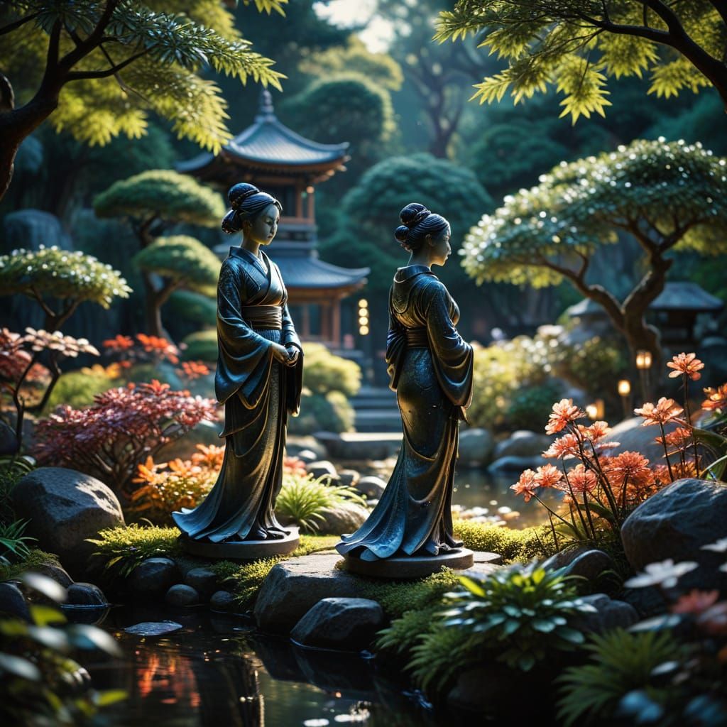 Animated Sculptures in Japanese Garden with Chiaroscuro Ligh...