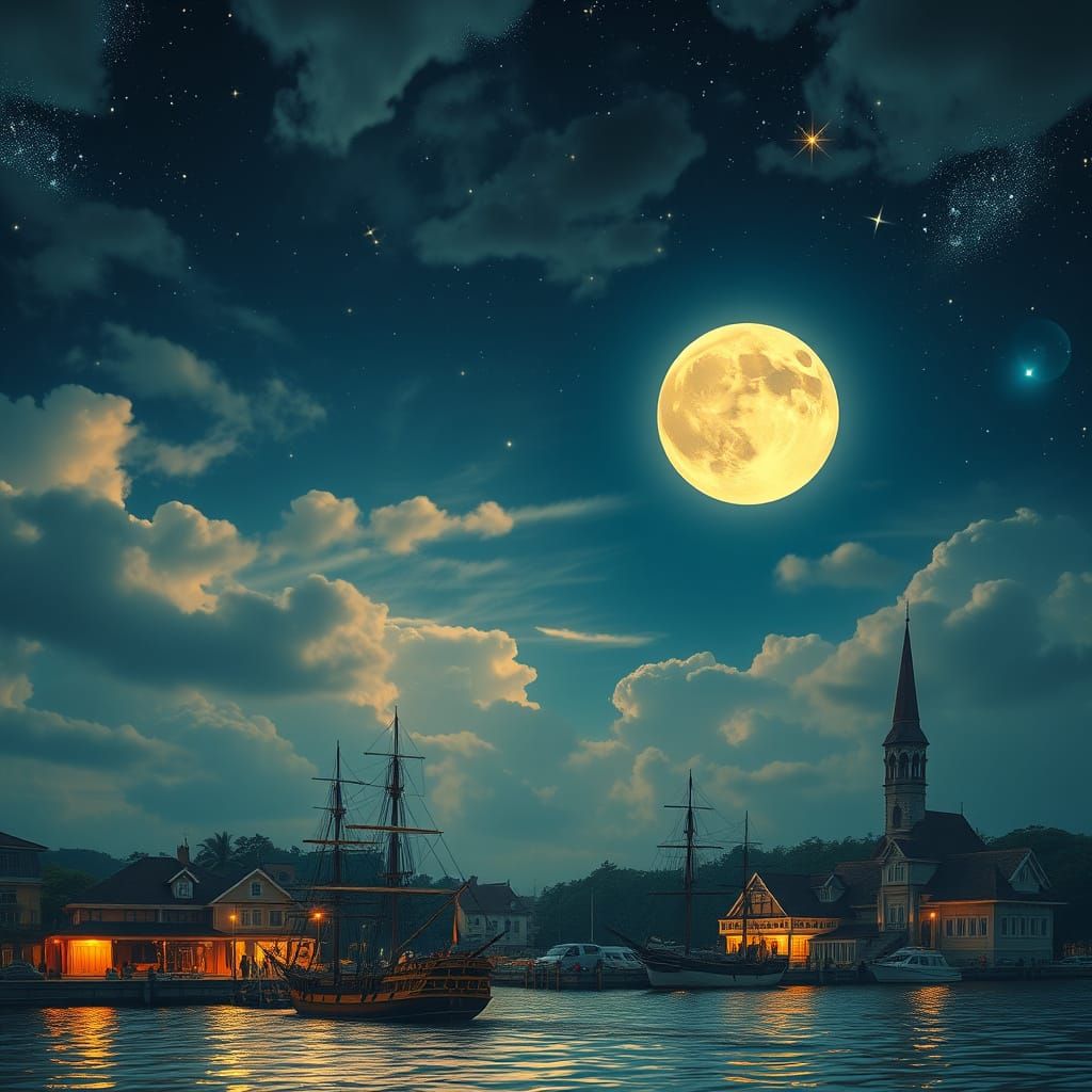 Ethereal Night Scene with Radiant Moon and Starry Sky