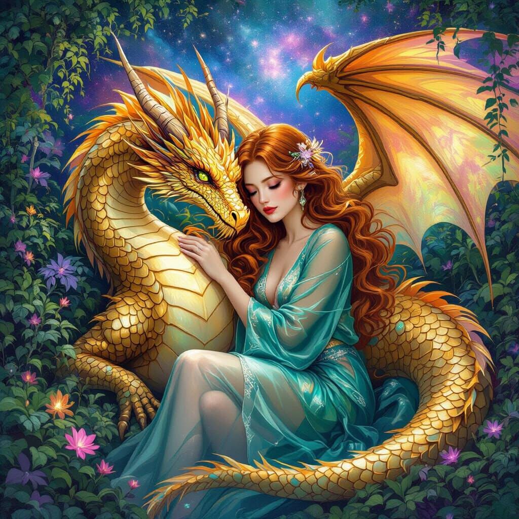 Woman and Dragon Embrace in Cosmic Garden