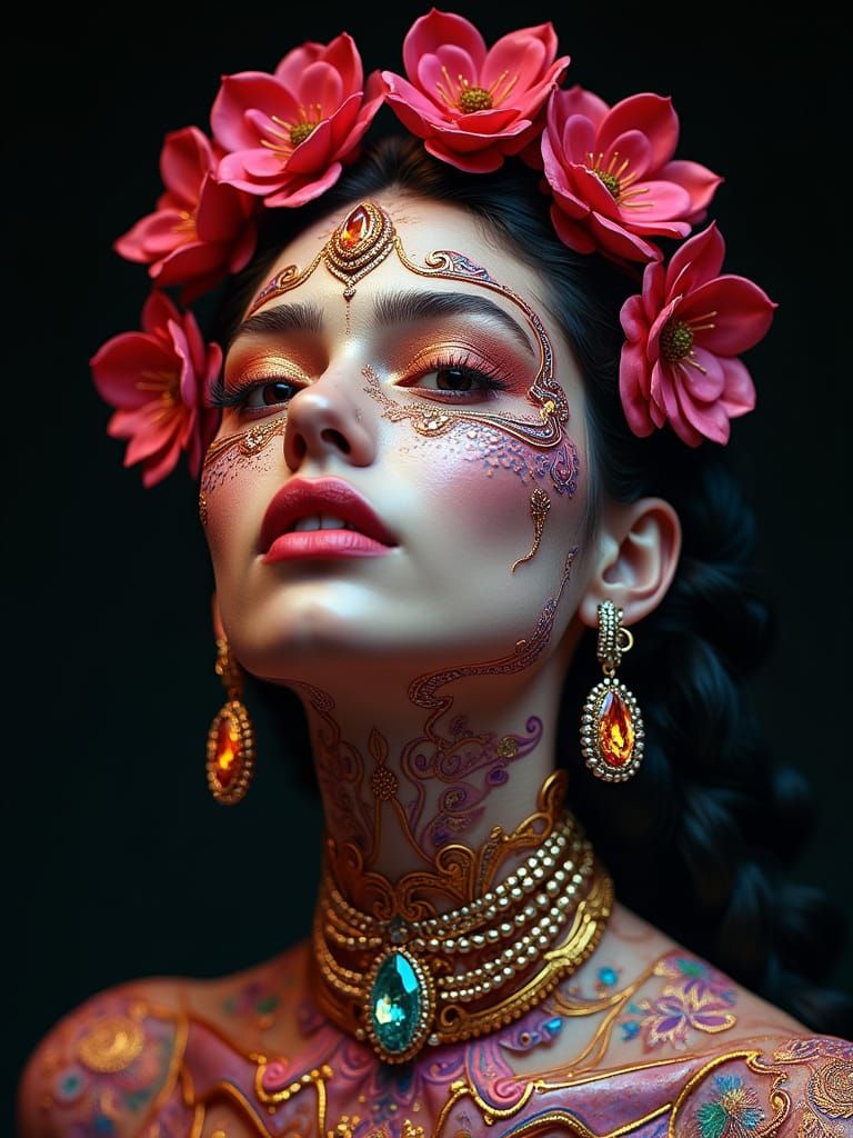Hyperrealistic Woman with Futuristic Jewelry and Lava Diamon...