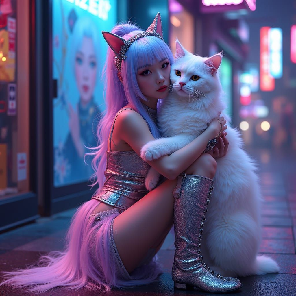 Cyberpunk Idol Star Hugs Majestic Cat with Queen's Blade Pos...