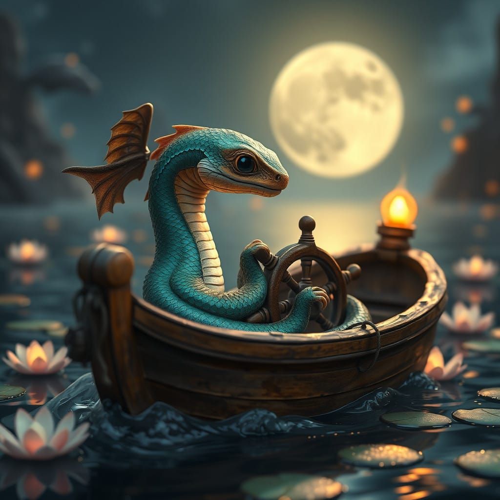 Mystical Moonlit Boat Scene with Snake in Turquoise and Ambe...