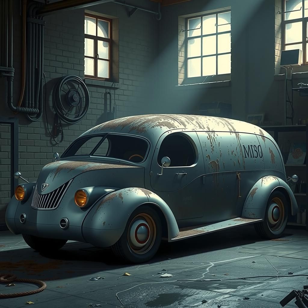 Retro-Futuristic 1940s Van in Dusty Garage
