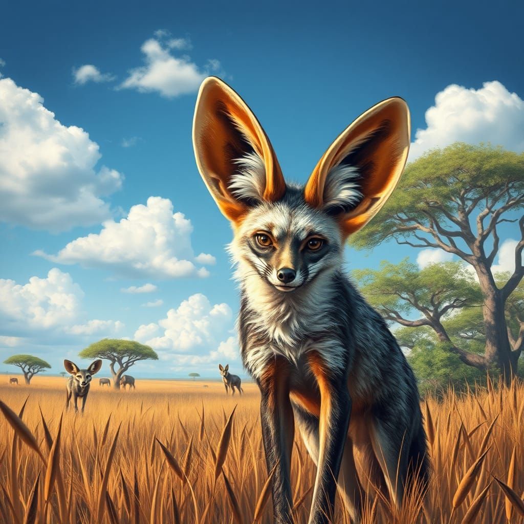 Bat-Eared Fox in African Savanna, Hyperdetailed Illustration