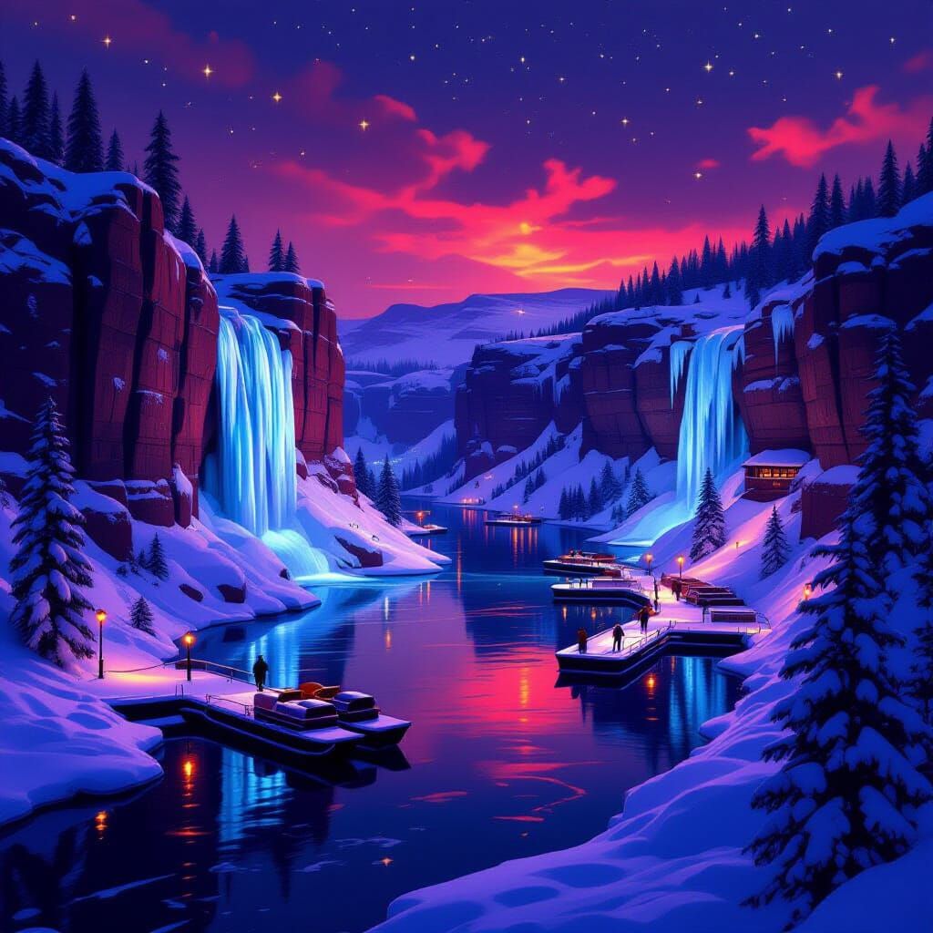 Crimson Night Canyon with Frozen Waterfalls on Christmas Eve