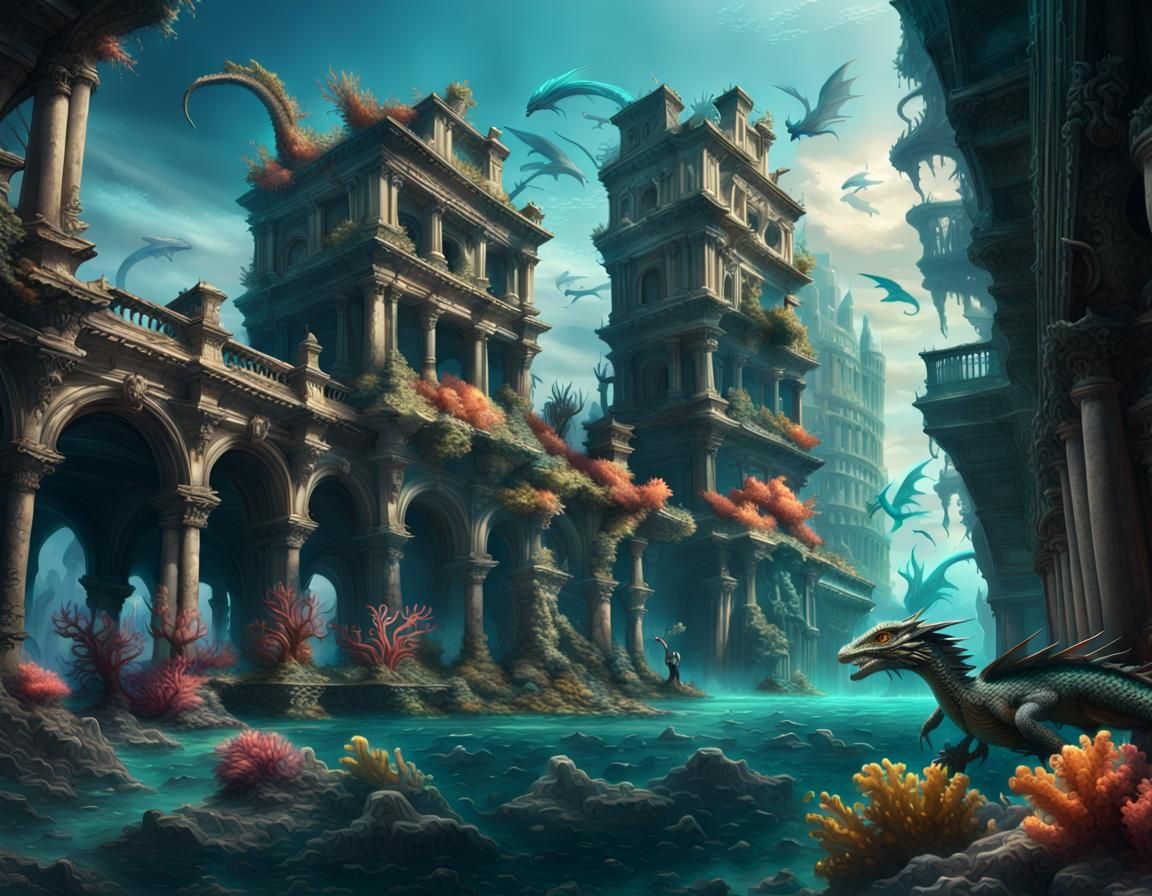 Aquatic Dragons in Ruined City, Digital Painting