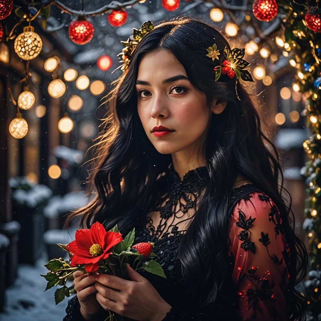 Girl with Christmas Flower in Art Nouveau Style