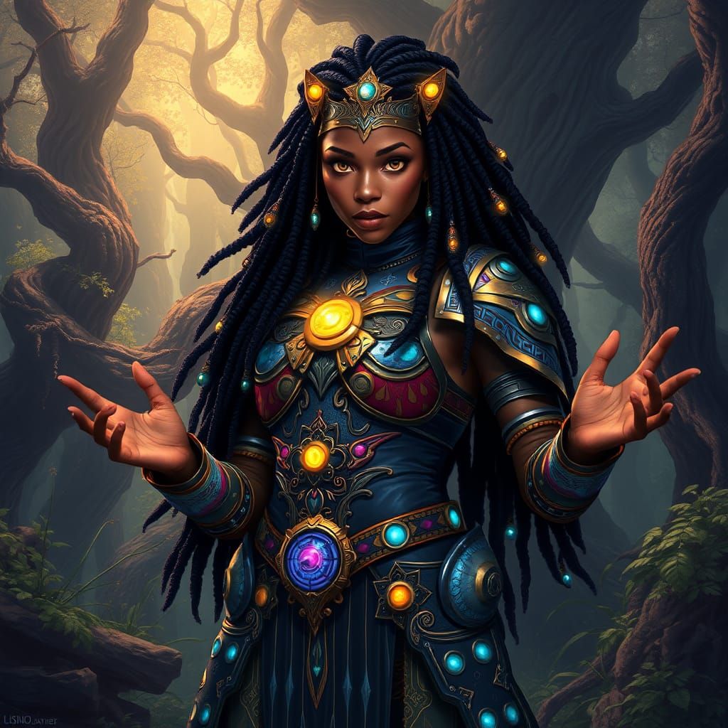 Lumina the Lithos Ranger, an Afro-Caribbean warrior with the power to control light and darkness. She's a natural athlet...