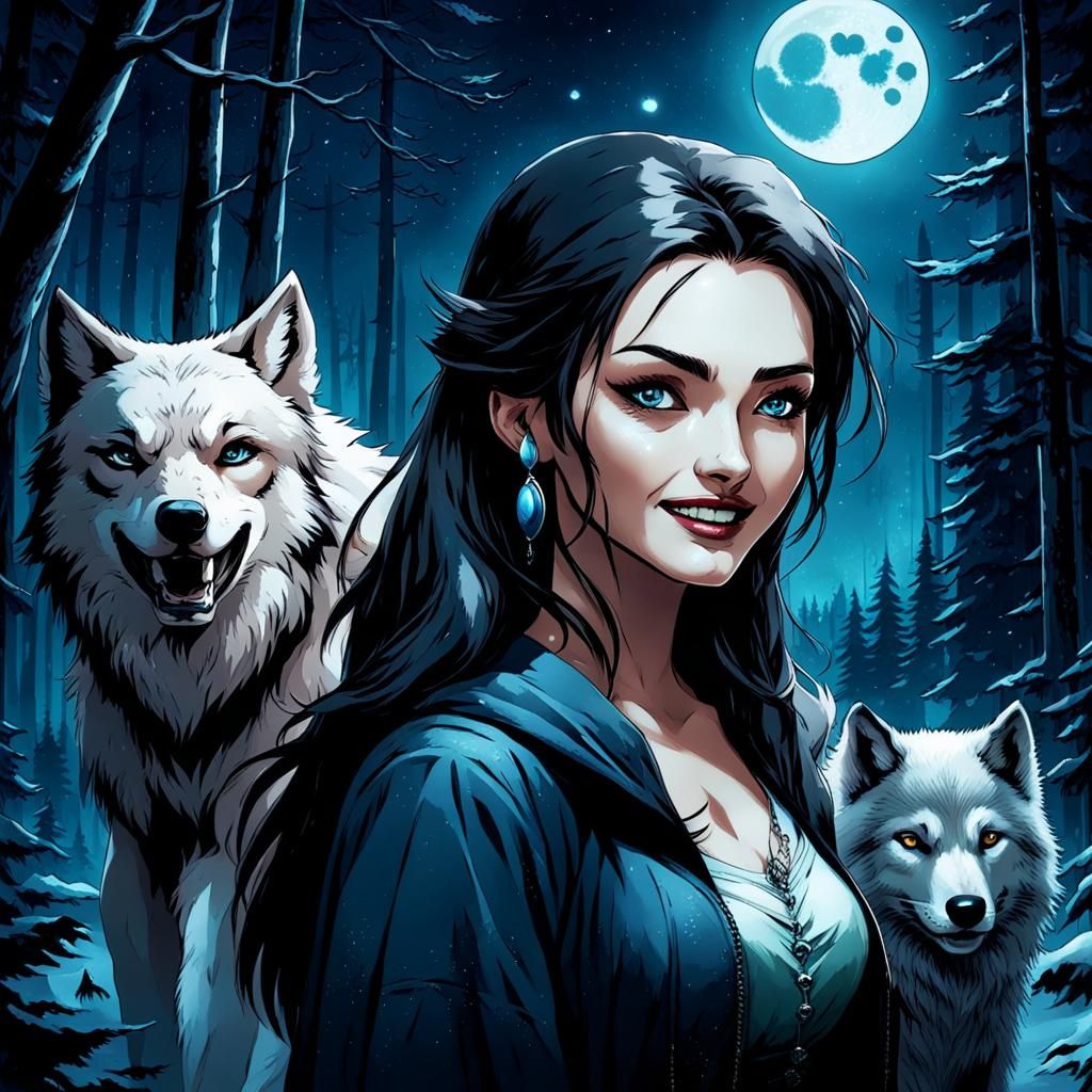 Mysterious Wolverine Girl in Moonlight Forest