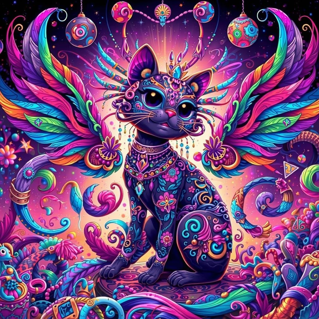 Whimsical Goth Quetzalcoatl Cat Woman in Cutecore Style