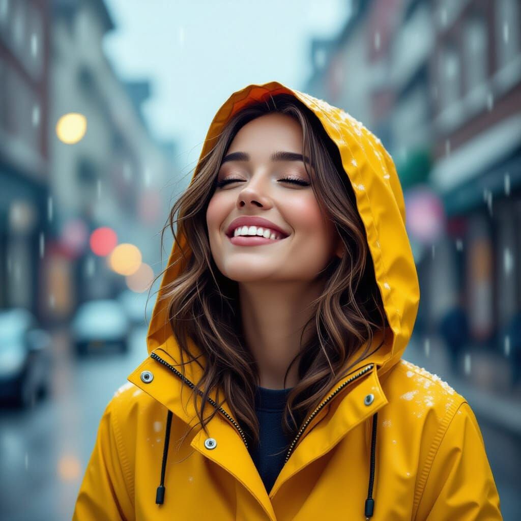 Smiling Woman in Rain, Dreamy Ethereal Lighting