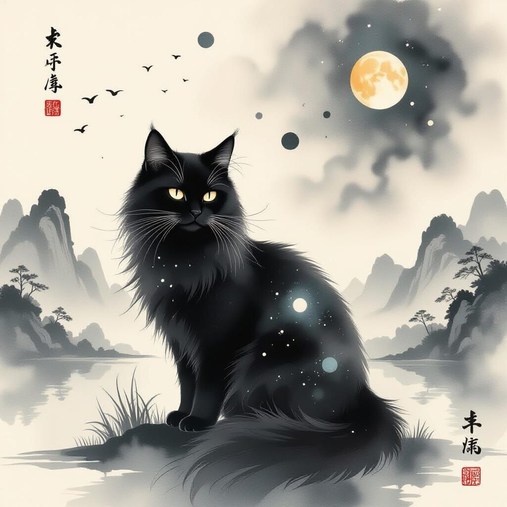 Black Cat Merging with Celestial Ink Over Chinese Landscape
