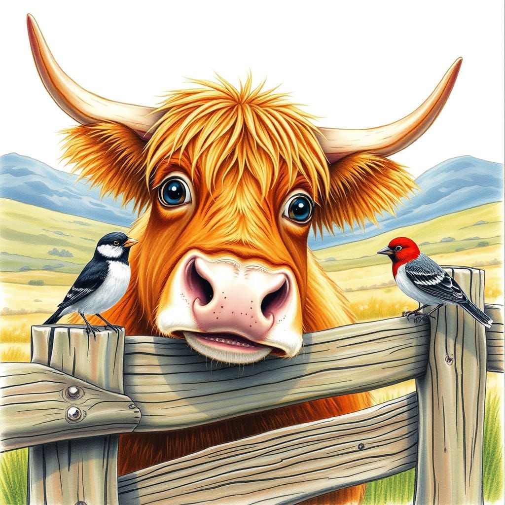 Highland Cow in Scottish Highlands, Colored Pencil Style