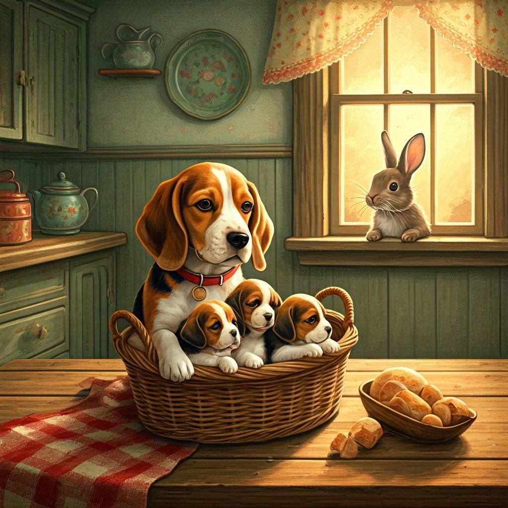 Beagle Puppies in Vintage Kitchen with Rabbit