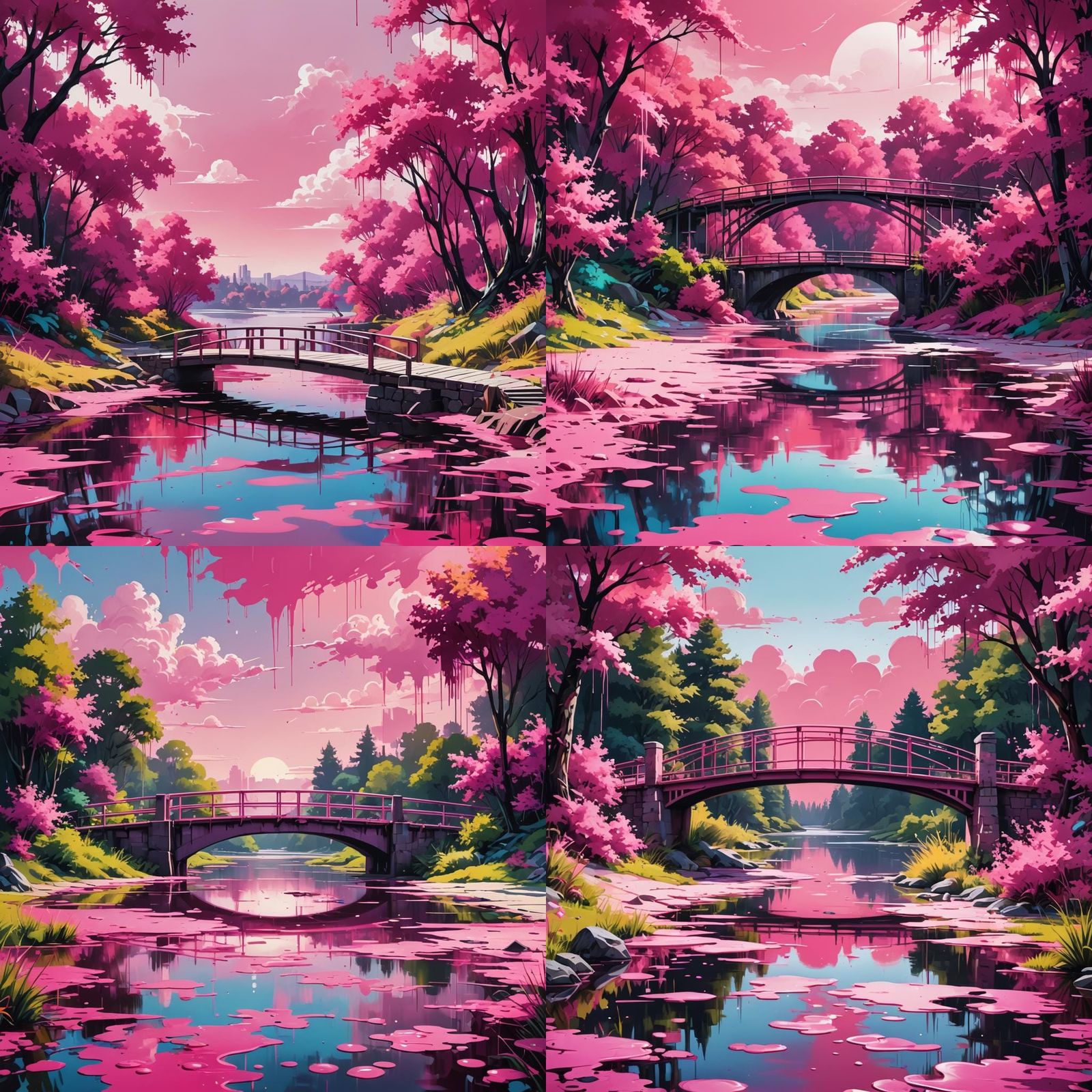Pink Summer Lake Scene with Bridge in Graffiti Art