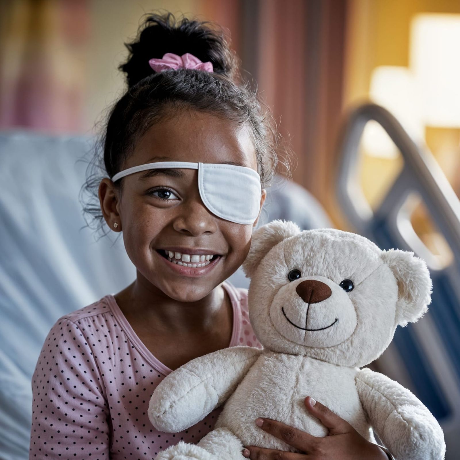 Cheerful Hospital Scene of Girl and Teddy Bear