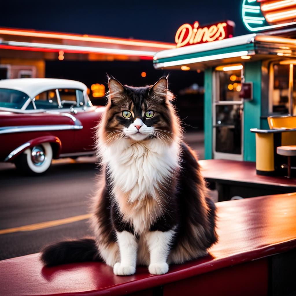 Soulful Cat in Retro Diner on Route 66
