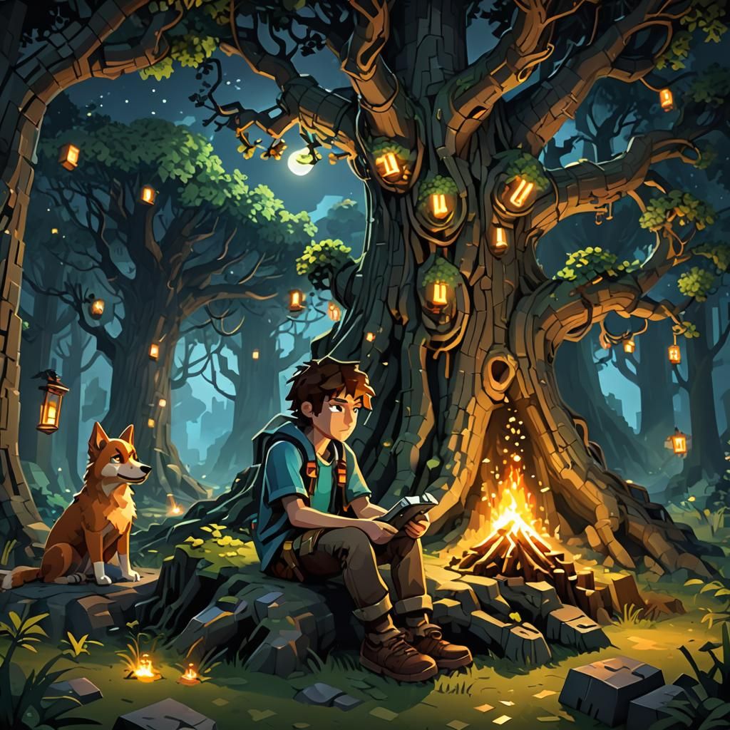 Minecraft Adventurer in Mystical Forest, Matte Painting Styl...