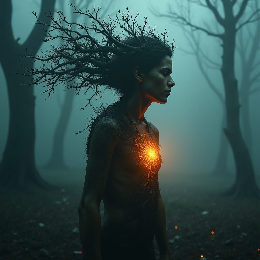 Tormented Soul with Tree of Life in Dreamlike Mist