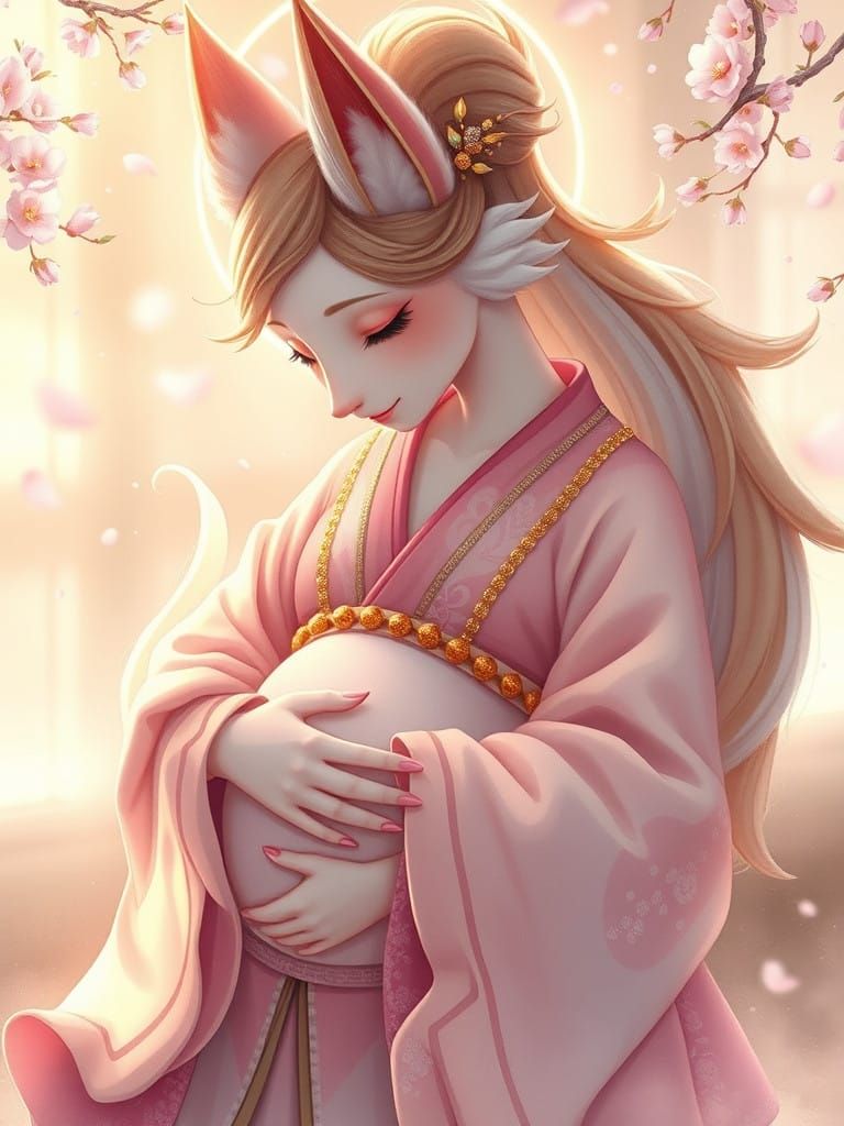 Serene Kitsune Goddess Cradles Dragon's Child