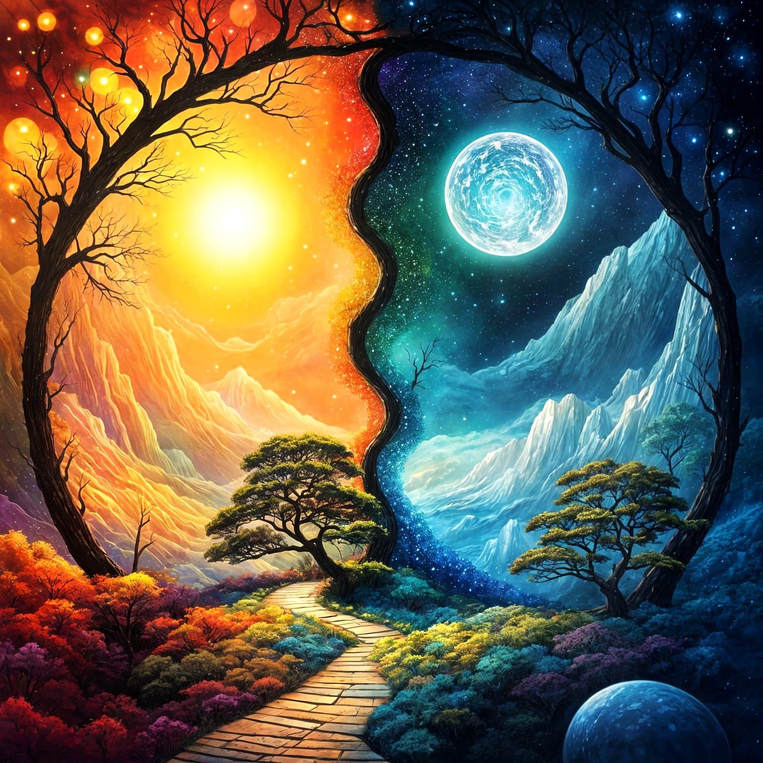 Anime Landscape: Interlocking Rings on Two Planets