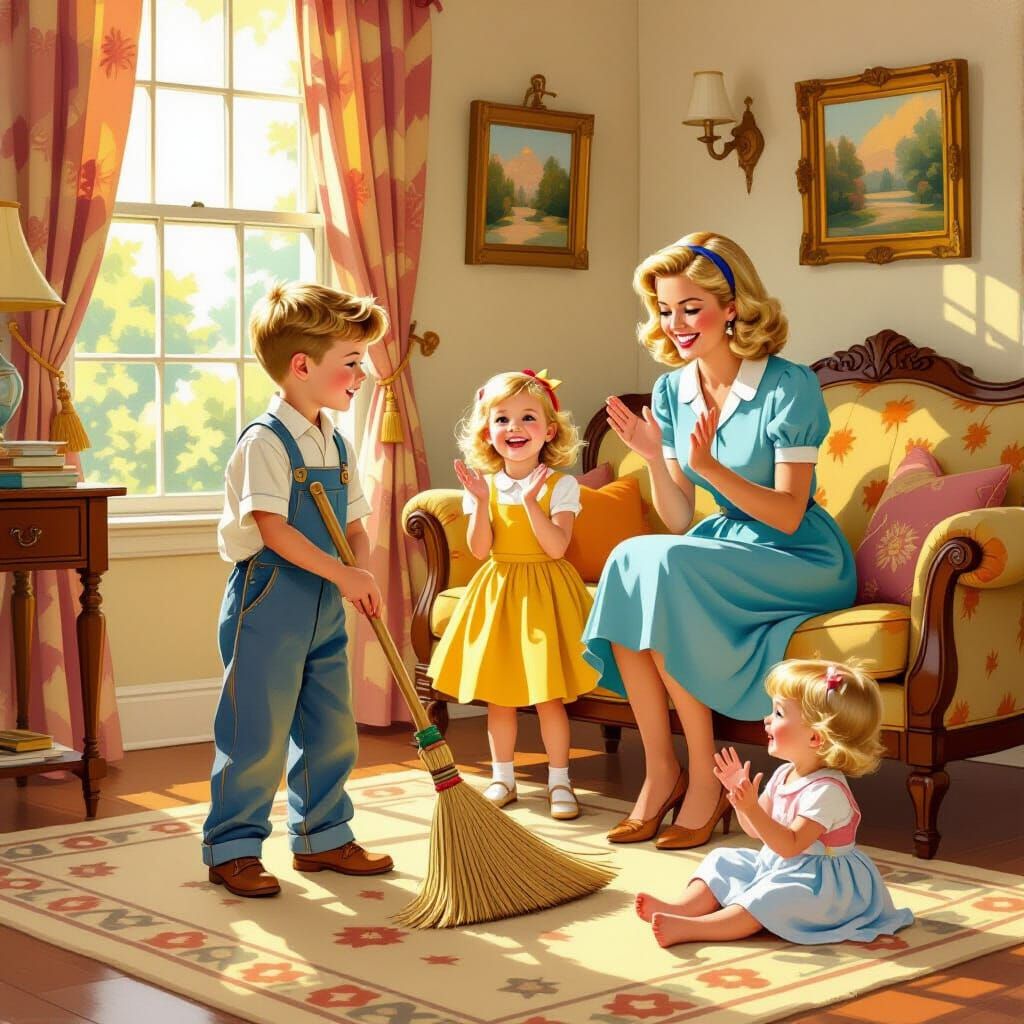 Enchanted Broom Cleans 1950s Living Room by Magic Boy