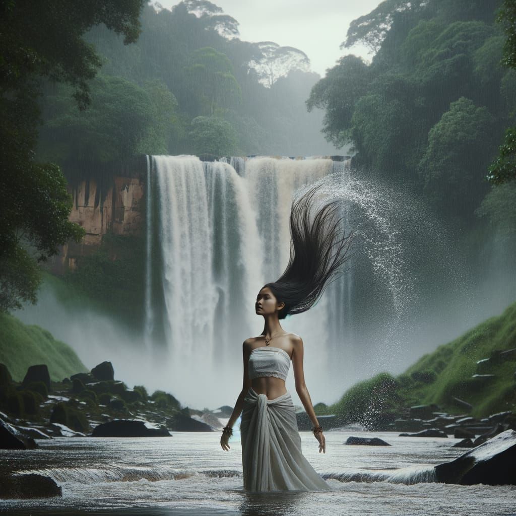 Young Woman at Waterfall in Cinematic Style