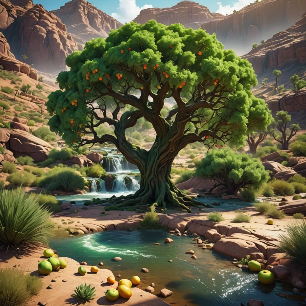 Vivid Desert Oasis with Fruit Tree: Matte Painting