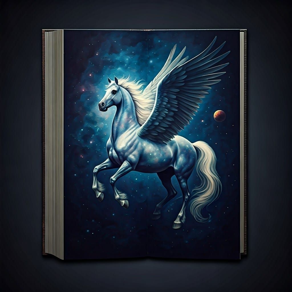 Cosmic Pegasus Painting on Book Cover: Cinematic Film Still