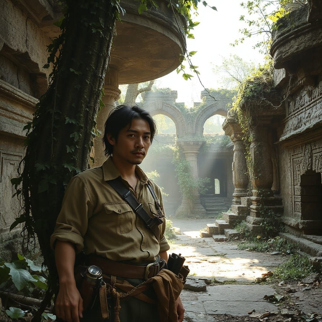 Explorer at Ancient Temple Ruins