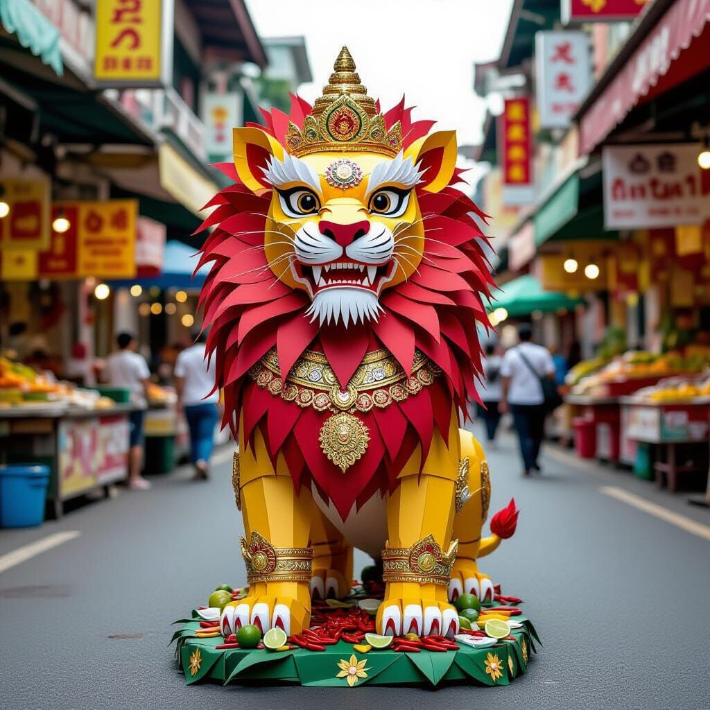 Paper Lion Sculpture in Vibrant Thai Street Market