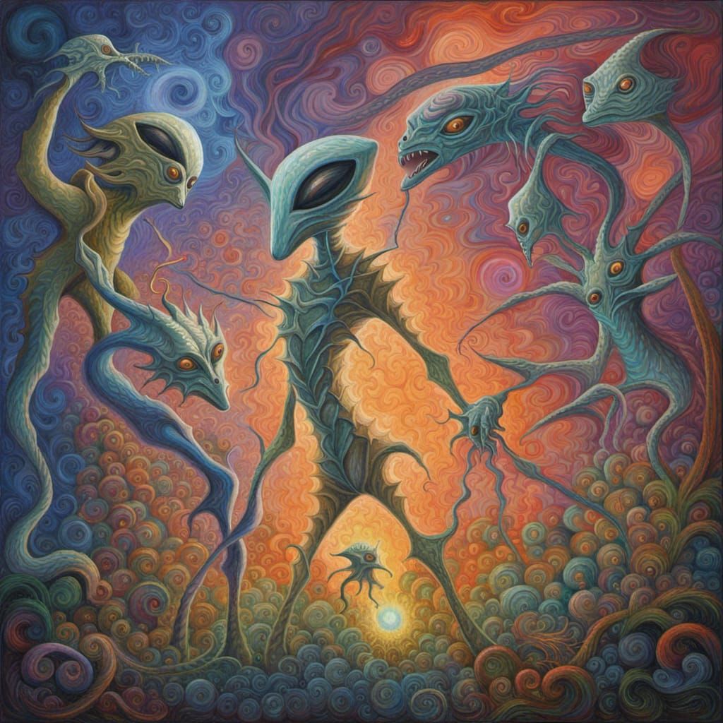 Alien Creatures Dance: Neo-Impressionist Expressionist Oil P...