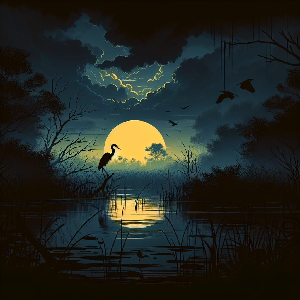 Heron Silhouetted at Dawn: Renaissance-Inspired Digital Art