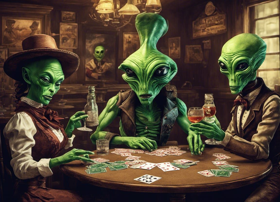 Green Aliens Play Poker in Wild West Saloon