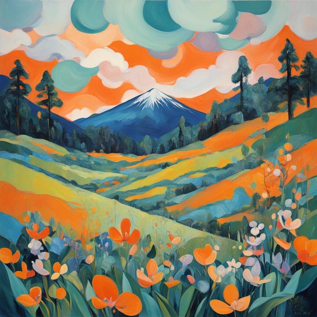 Surreal Mountain Meadow Spring Rain Painting